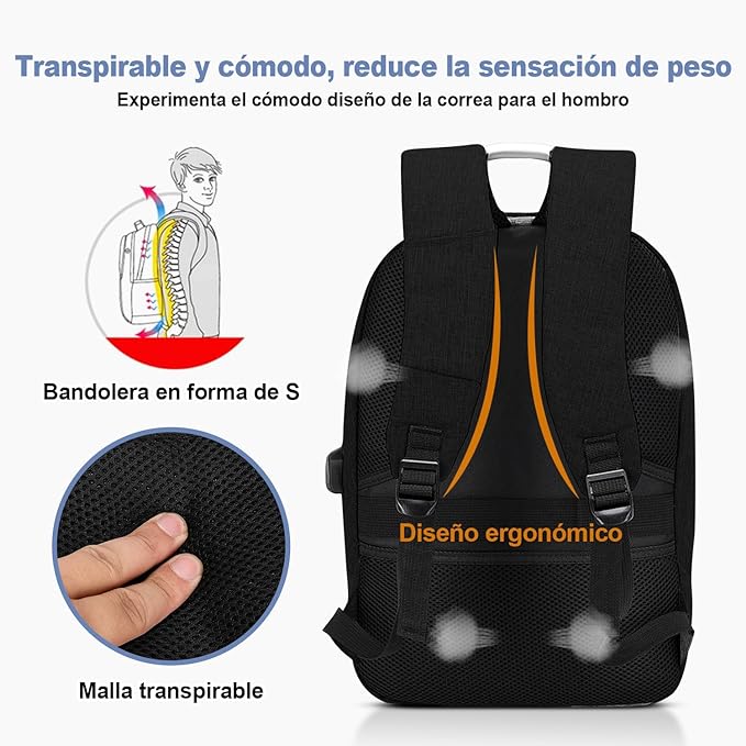 A Antirrobo para Laptop, Mochilas para Hombre Impermeable y Transpirable Con bloqueo de contraseña, Mochila con USB Puerto y Puerto Audífonos para Laptop Hasta 15.6 Pulgadas (Negro).