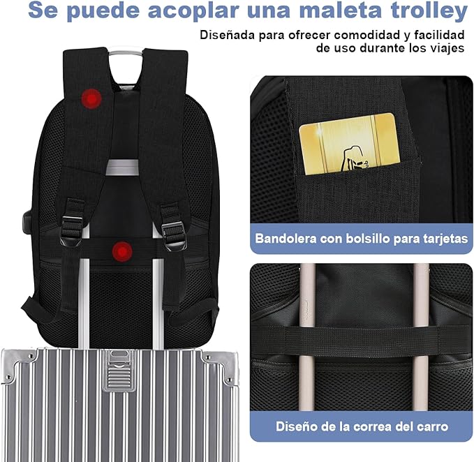 A Antirrobo para Laptop, Mochilas para Hombre Impermeable y Transpirable Con bloqueo de contraseña, Mochila con USB Puerto y Puerto Audífonos para Laptop Hasta 15.6 Pulgadas (Negro).