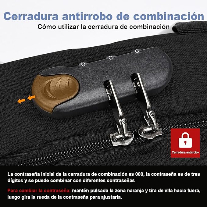 A Antirrobo para Laptop, Mochilas para Hombre Impermeable y Transpirable Con bloqueo de contraseña, Mochila con USB Puerto y Puerto Audífonos para Laptop Hasta 15.6 Pulgadas (Negro).