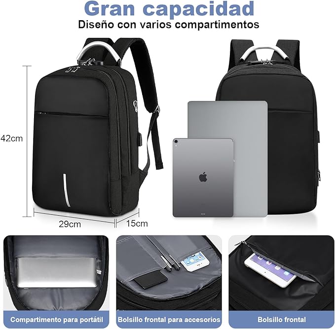 A Antirrobo para Laptop, Mochilas para Hombre Impermeable y Transpirable Con bloqueo de contraseña, Mochila con USB Puerto y Puerto Audífonos para Laptop Hasta 15.6 Pulgadas (Negro).