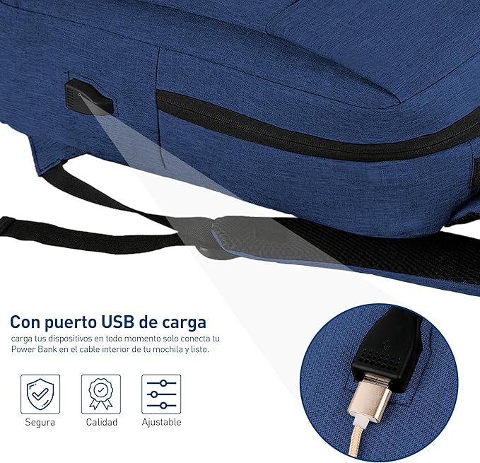A Bluelander Mochila Antirrobo, Impermeable, Mochila para Laptop, Tablet, iPad y Cámara, Bolsillos Ocultos con Puerto de Carga USB para Power Bank (No incluida), Ligera, Cómoda, Materiales Resistentes, Excelente para Viajes y Oficina.