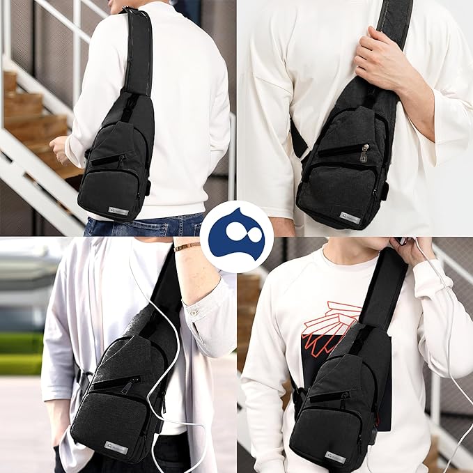 A Mochila Cruzada Antirrobo Impermeable Bolso de Pecho para Hombre Bolso Bandolera con Puerto de Carga