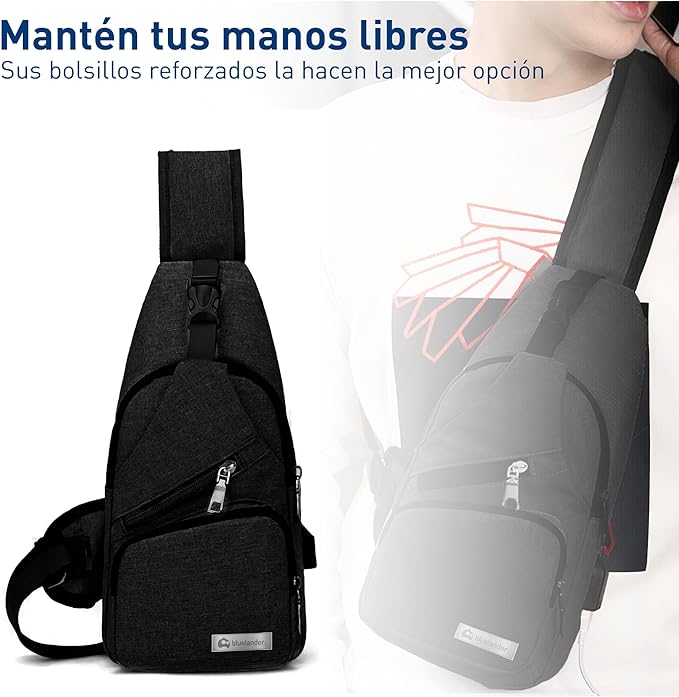 A Mochila Cruzada Antirrobo Impermeable, Bolso de Pecho para Hombre, Bolso Bandolera con Puerto de Carga USB, Perfecta para Celular, Tablets, Actividades como Deportes, Compras