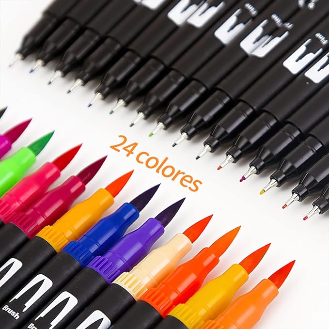 A Plumones Punta Pincel 24 Colores, Salandens Marcadores Doble Punta(0.4mm/1-2mm),Para Dibujar, Colorear, Caligrafía, Diseño De Letras.