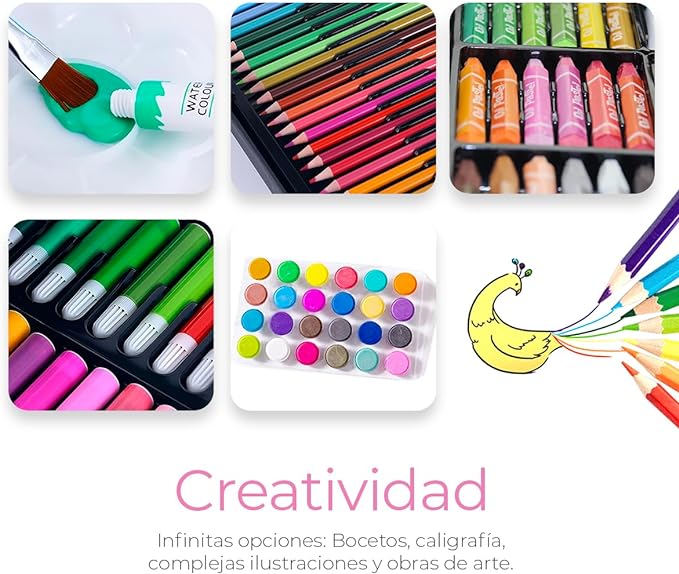 A Raganet, Set de Arte Profesional con 145 Piezas, Juego de Dibujo con Plumones, Colores, Pinturas, Aquarelas y Crayolas, Kit de Pintura con Estuche Organizador Portatil en Forma de Maletin Rosa.