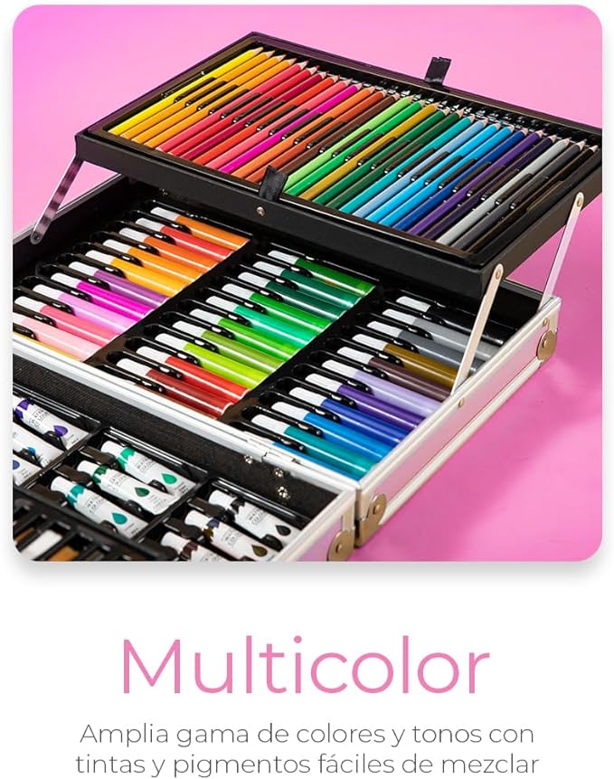 A Raganet, Set de Arte Profesional con 145 Piezas, Juego de Dibujo con Plumones, Colores, Pinturas, Aquarelas y Crayolas, Kit de Pintura con Estuche Organizador Portatil en Forma de Maletin Rosa.