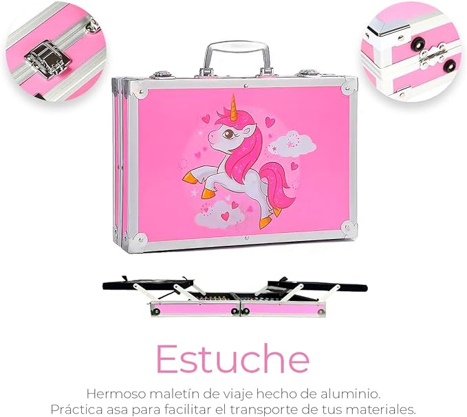 A Raganet, Set de Arte Profesional con 145 Piezas, Juego de Dibujo con Plumones, Colores, Pinturas, Aquarelas y Crayolas, Kit de Pintura con Estuche Organizador Portatil en Forma de Maletin Rosa.