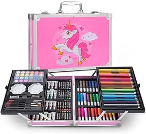 A Raganet, Set de Arte Profesional con 145 Piezas, Juego de Dibujo con Plumones, Colores, Pinturas, Aquarelas y Crayolas, Kit de Pintura con Estuche Organizador Portatil en Forma de Maletin Rosa.