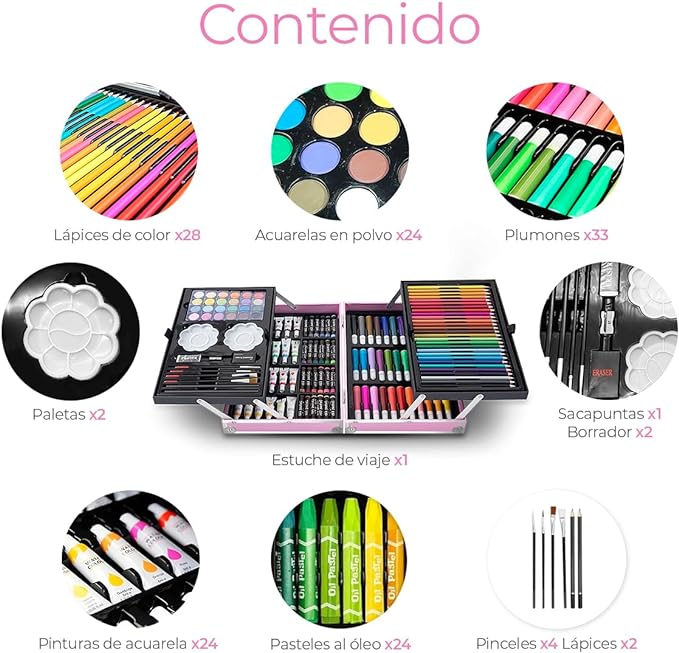 A Raganet, Set de Arte Profesional con 145 Piezas, Juego de Dibujo con Plumones, Colores, Pinturas, Aquarelas y Crayolas, Kit de Pintura con Estuche Organizador Portatil en Forma de Maletin Rosa.