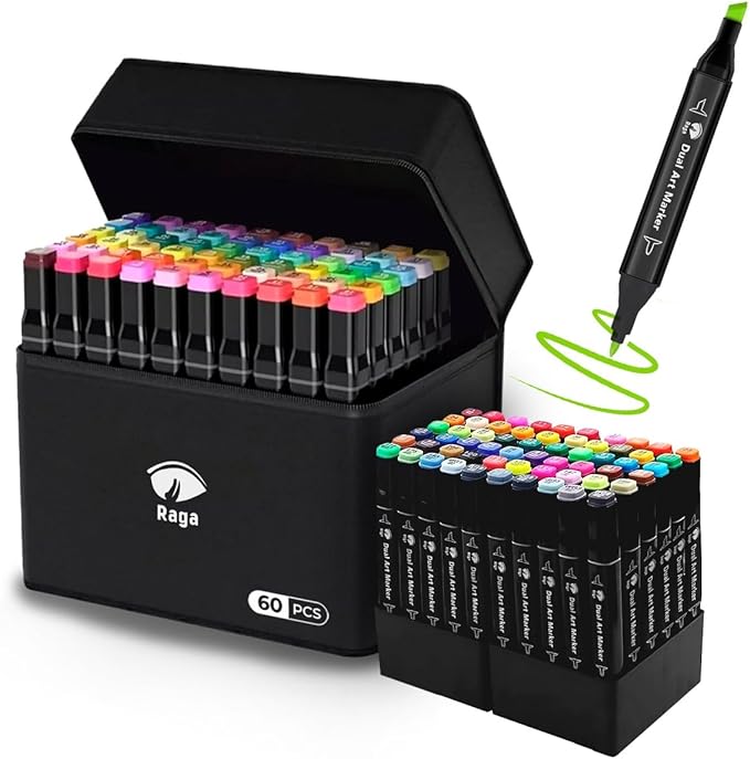 A Raganet, 60 Plumones Doble Punta, Marcadores Punta Ancha y Delgada, No Tóxicos, De Dibujo Profesional y Para Niños, (60 Colores Diferentes) (Negro).