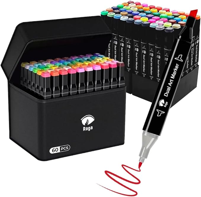 A Raganet, 60 Plumones Doble Punta, Marcadores Punta Ancha y Delgada, No Tóxicos, De Dibujo Profesional y Para Niños, (60 Colores Diferentes) (Negro).