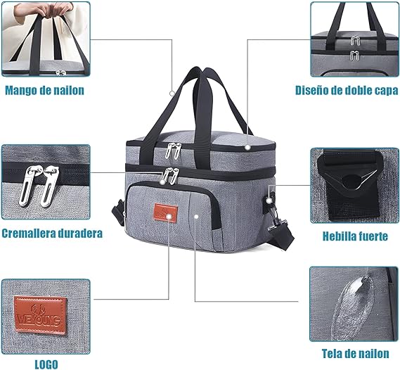 A Bolsa del Almuerzo,Lonchera/Hielera Reutilizable de Doble Cubierta,con Correa de Hombro Ajustable,Impermeable y a Prueba de Fugas,Bolsa Térmica Loncheras para Trabajo,Escuela,Campamento,Picnic,Viajes.
