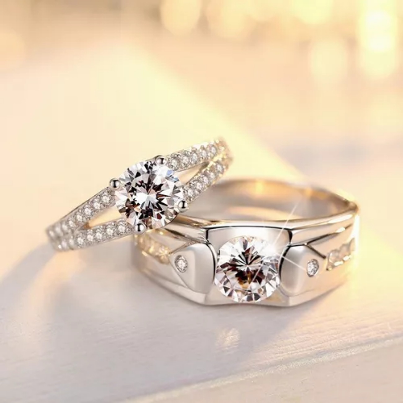 Un Par Anillos De Pareja Plata Compromiso Promesa Ajustable
