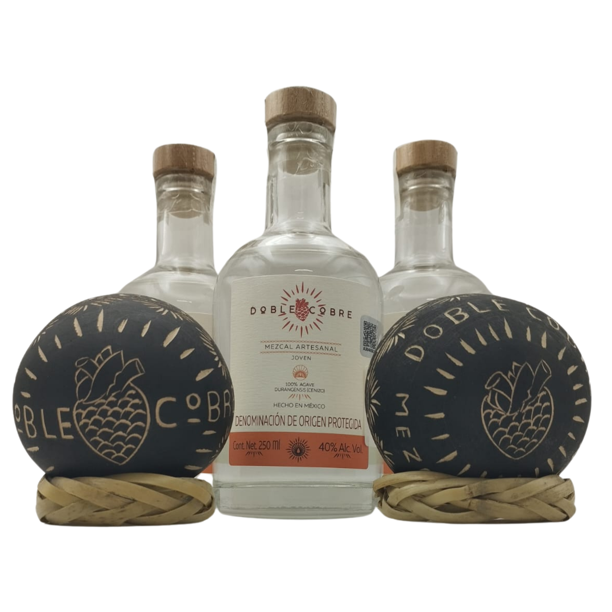 DOBLE COBRE | 3 Botellas de 250 ML | Mezcal Premium | Joven 100% Agave Cenizo DURANGENSIS | 40% Grados de Alcohol | PACK Con Regalo de 2 Jicaras Para Beber Mezcal.