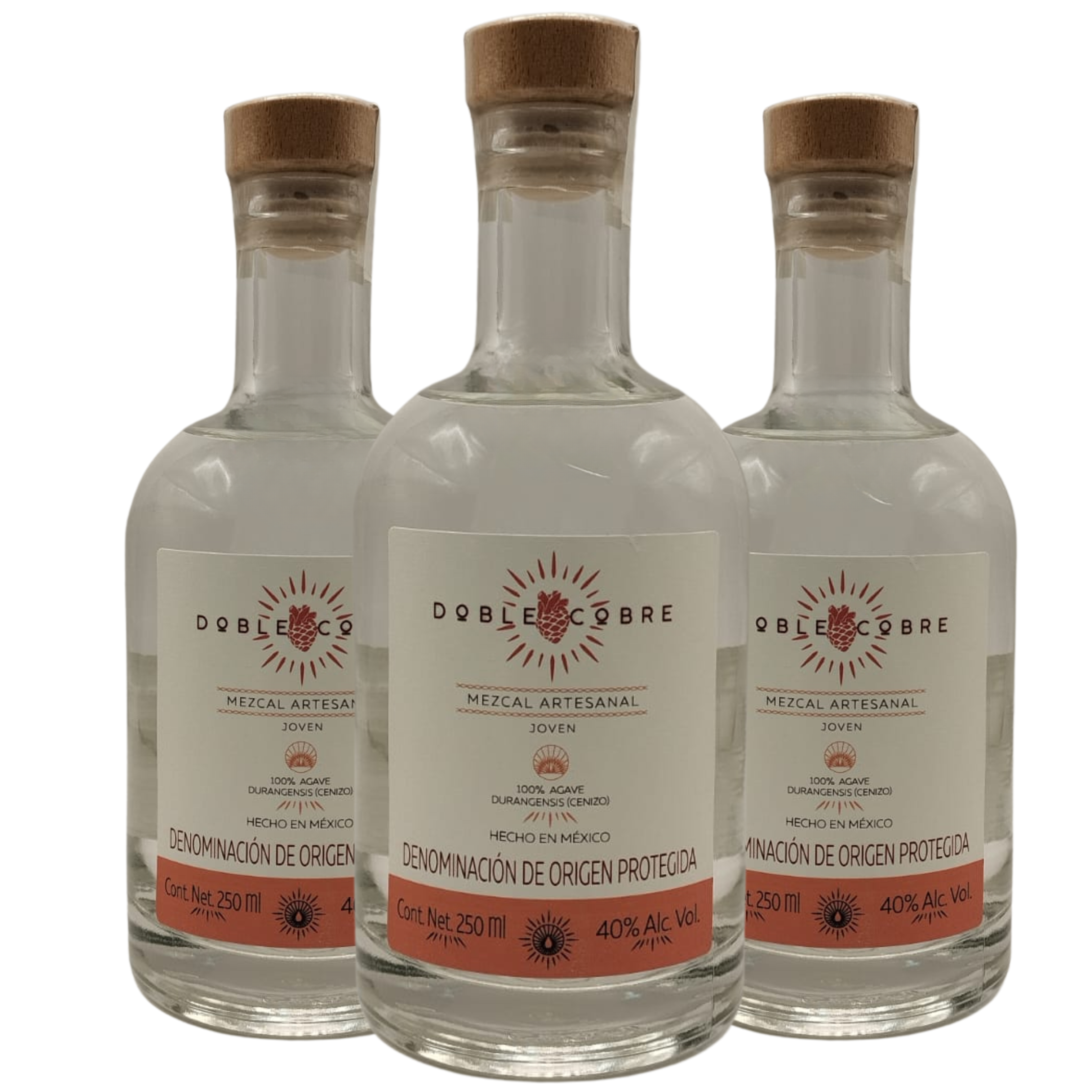 DOBLE COBRE | 3 Botellas de 250 ML | Mezcal Premium | Joven 100% Agave Cenizo DURANGENSIS | 40% Grados de Alcohol | PACK Con Regalo de 2 Jicaras Para Beber Mezcal.