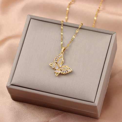 Collar Mariposa Mujer Chapada En Oro 18k Y Zirconias Elegante Cadena Dije Colgante Baño De Oro Regalo Novia Esposa Mama Cumpleaños Aniversario Mariposas