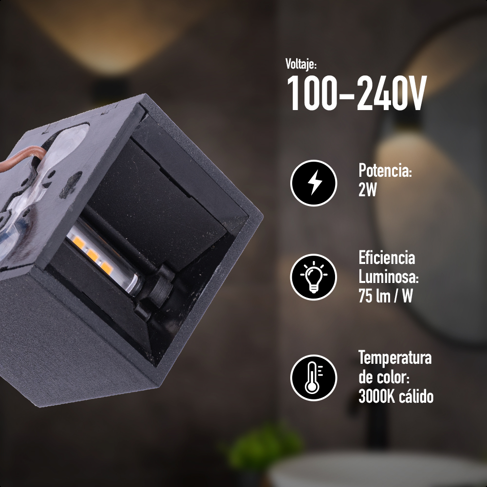 ICON Aplique Decorativo Cubo Negro Haz Ajustable 2w Luz Cálida 3000k Aprueba de agua IP65