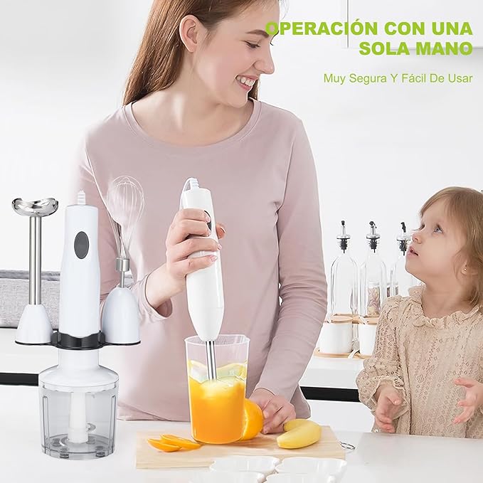A YOMYM Licuadora de inmersión 4 en 1 de acero inoxidable con batidor, vaso medidor y tazón picador.