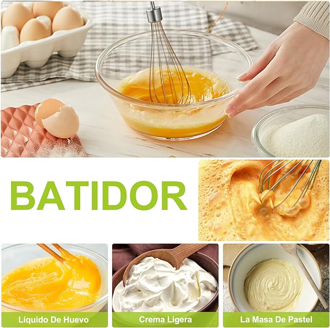 A YOMYM Licuadora de inmersión 4 en 1 de acero inoxidable con batidor, vaso medidor y tazón picador.