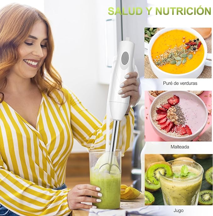 A YOMYM Licuadora de inmersión 4 en 1 de acero inoxidable con batidor, vaso medidor y tazón picador.