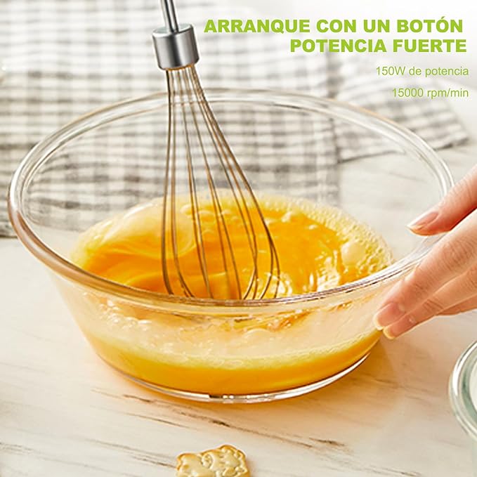 A YOMYM Licuadora de inmersión 4 en 1 de acero inoxidable con batidor, vaso medidor y tazón picador.