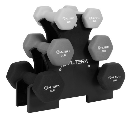 Set De Mancuernas Forro De Neopreno Hexagonales Con Soporte Color Escala De Grises.