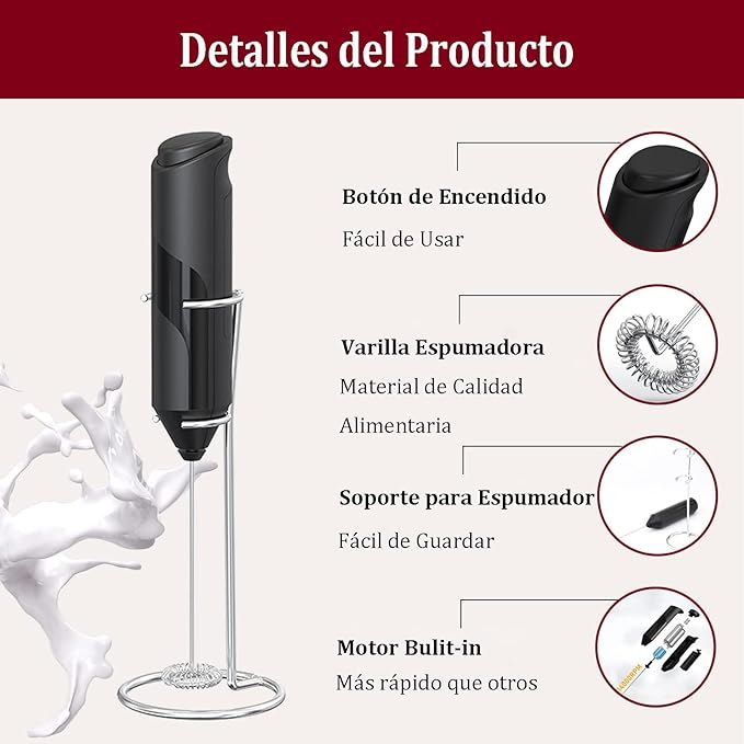 A PUBUNUS Espumador de Leche Eléctrico, Batidora Leche Espuma Manual Hecho con Soporte de Acero Inoxidable, Mini Batidora Portátil, Ideal para Café, Jugo, Capuchino, Chocolate, Funciona con dos Pilas AA (Baterías no incluidas).