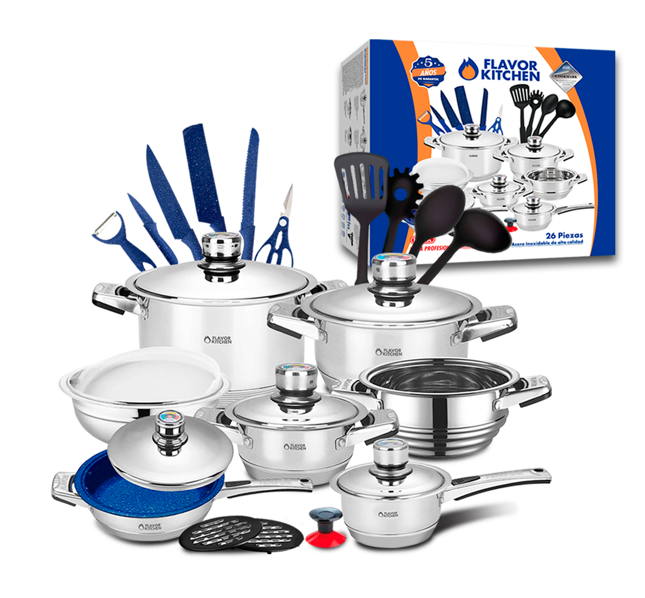 Batería De Cocina Flavor Kitchen Acero Inox Quirúrgico 26 Pz.