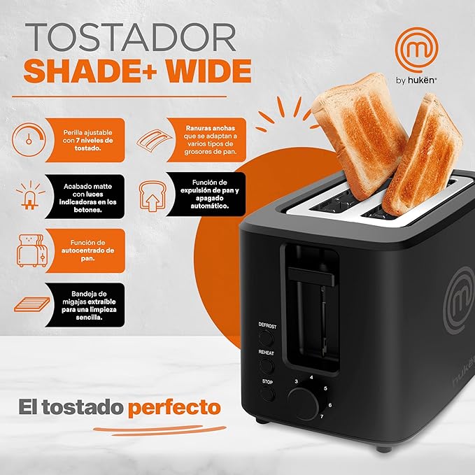 A MasterChef by Hukën | Tostador de Pan | Ranura Extra Grande | Para 2 rebanadas | 7 niveles de tostado | 750 W | Función Recalentar y Descongelar |.