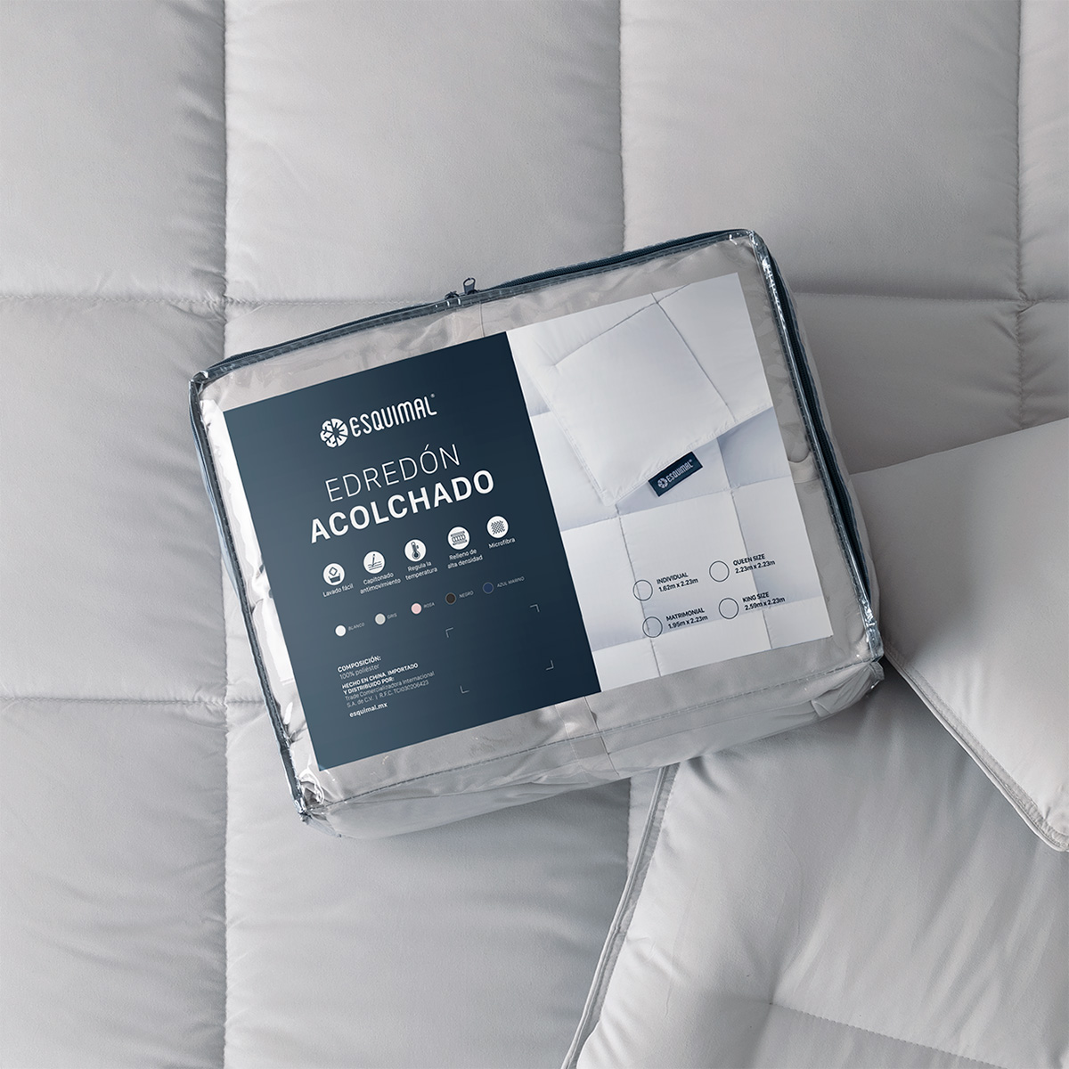 Edredón Acolchado Duvet Matrimonial Hipoalergénico Gris ESQUIMAL.