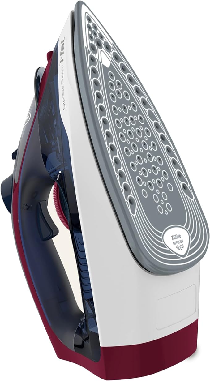 A T-FAL Plancha de vapor Express Steam suela de cerámica True Ceramic Glide, con 5 niveles de temperatura. Capacidad de 270 ml, planchado más rápido. Plancha sobre cierres, navy vino, FV2833X0.