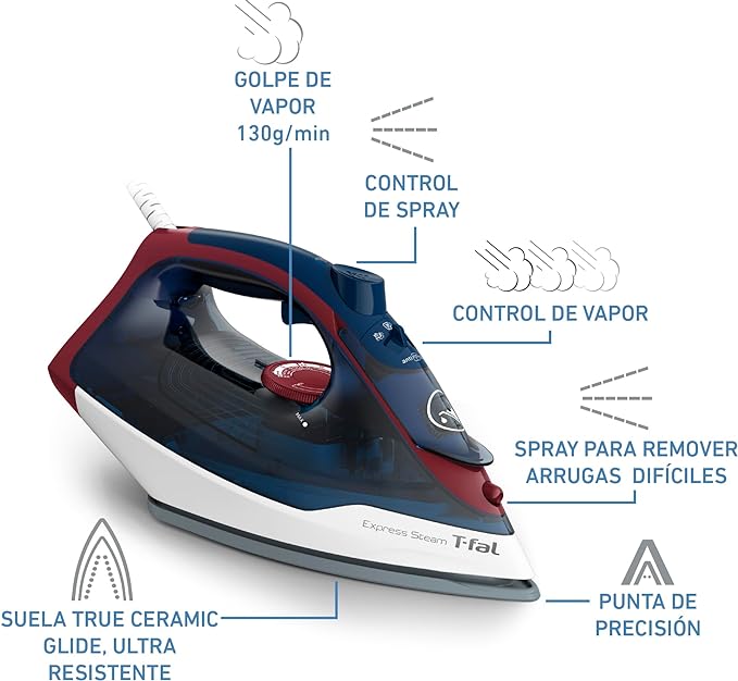 A T-FAL Plancha de vapor Express Steam suela de cerámica True Ceramic Glide, con 5 niveles de temperatura. Capacidad de 270 ml, planchado más rápido. Plancha sobre cierres, navy vino, FV2833X0.