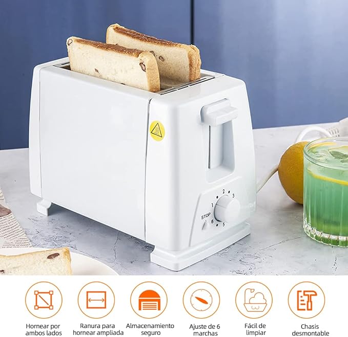 A Tostador de Pan, 2 Rebanadas Tostadora, 6 Niveles de Tostado con Paro Automático, Acero Inoxidable Tostadora.