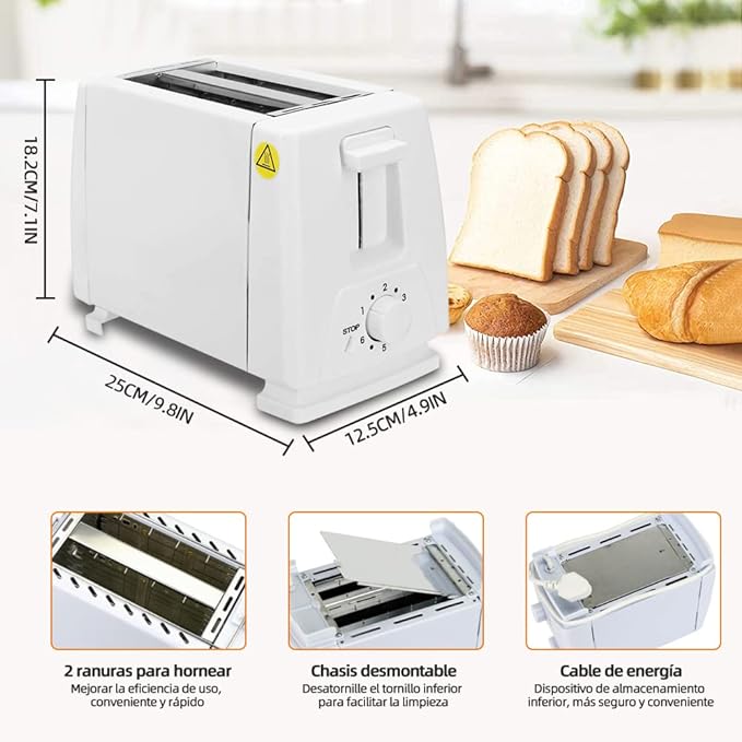 A Tostador de Pan, 2 Rebanadas Tostadora, 6 Niveles de Tostado con Paro Automático, Acero Inoxidable Tostadora.