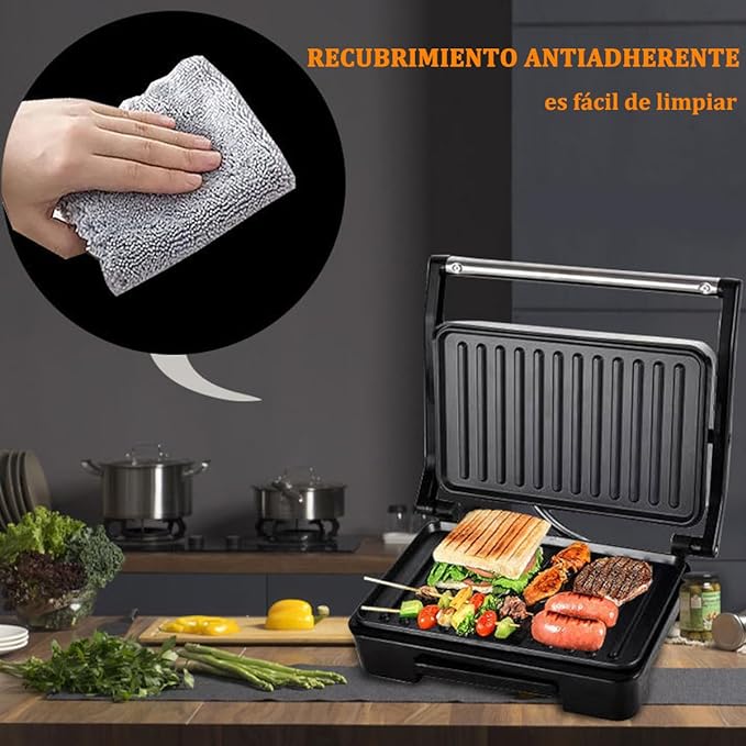A Sandwichera,Prensa para Panini,Plancha Eléctrica,2 en 1 para Cualquier Espesor de Sándwich, Parrillas Antiadherentes de 27 x 22 Centímetros,Acero inoxidable.