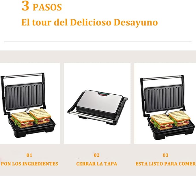 A Sandwichera,Prensa para Panini,Plancha Eléctrica,2 en 1 para Cualquier Espesor de Sándwich, Parrillas Antiadherentes de 27 x 22 Centímetros,Acero inoxidable.