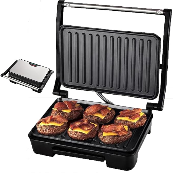 A Sandwichera,Prensa para Panini,Plancha Eléctrica,2 en 1 para Cualquier Espesor de Sándwich, Parrillas Antiadherentes de 27 x 22 Centímetros,Acero inoxidable.