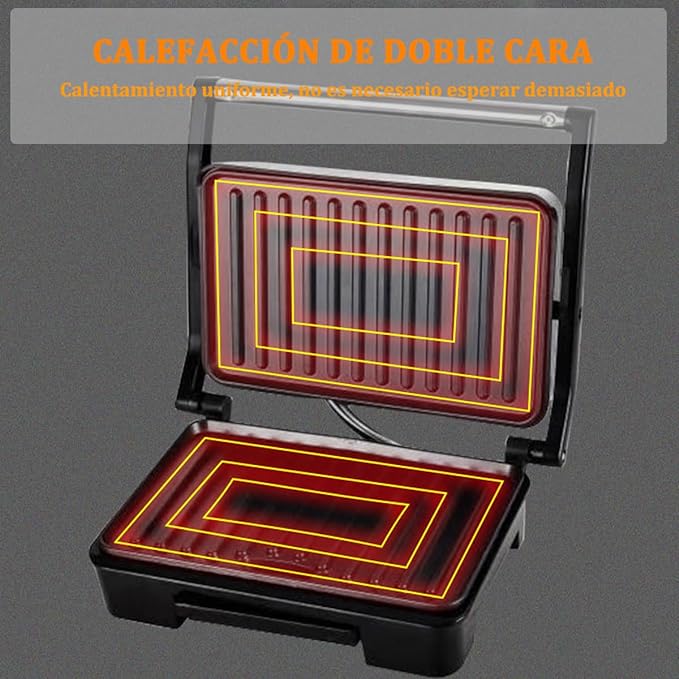 A Sandwichera,Prensa para Panini,Plancha Eléctrica,2 en 1 para Cualquier Espesor de Sándwich, Parrillas Antiadherentes de 27 x 22 Centímetros,Acero inoxidable.