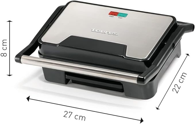 A TAURUS TOSTARE| Sandwichera Panini | Parrilla con recubrimiento antiadherente| Placa superior basculante| Cualquier grosor de pan| Resistente| Acero inoxidable.