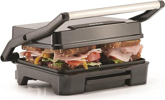 A TAURUS TOSTARE| Sandwichera Panini | Parrilla con recubrimiento antiadherente| Placa superior basculante| Cualquier grosor de pan| Resistente| Acero inoxidable.