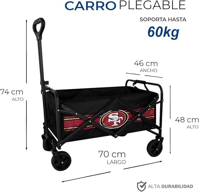 A NFL Carrito Plegable Multiusos Portátil para Transportar hasta 60 Kilos con Estructura Metálica Resistente, Ruedas Giratorias 360° con Estampado de tu Equipo Favorito (San Francisco).