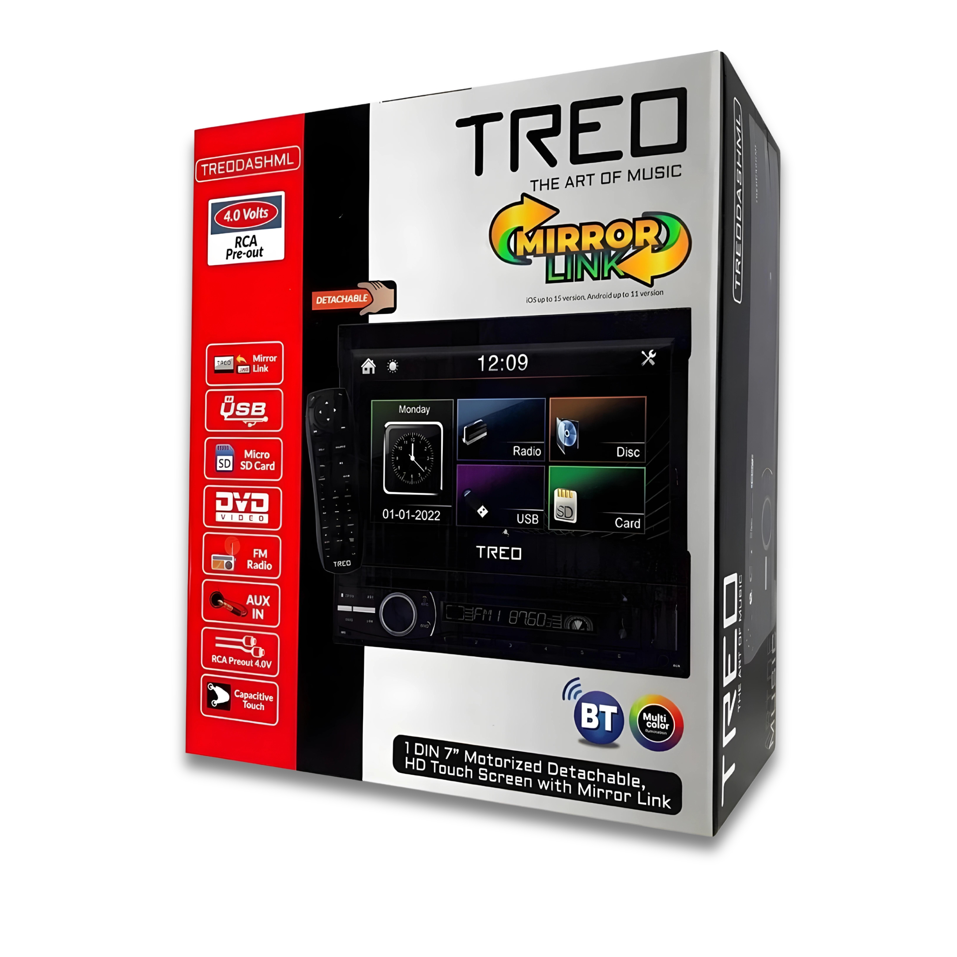 Estéreo de Coche 2 DIN de 7" con Pantalla Motorizada y Desmontable Treo.