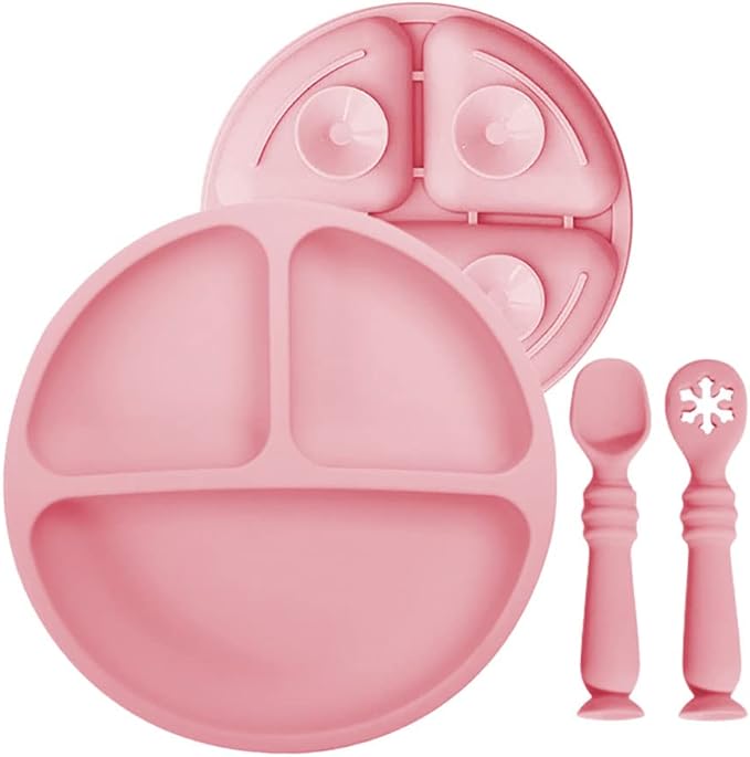 A Platos para Bebe, Plato Bebé de Silicona con Ventosa, Antideslizante, Fácil de Limpiar, Apto para Microondas, Sin BPA, Hay 2 Cucharas de Entrenamiento para Bebes. (Rosado).