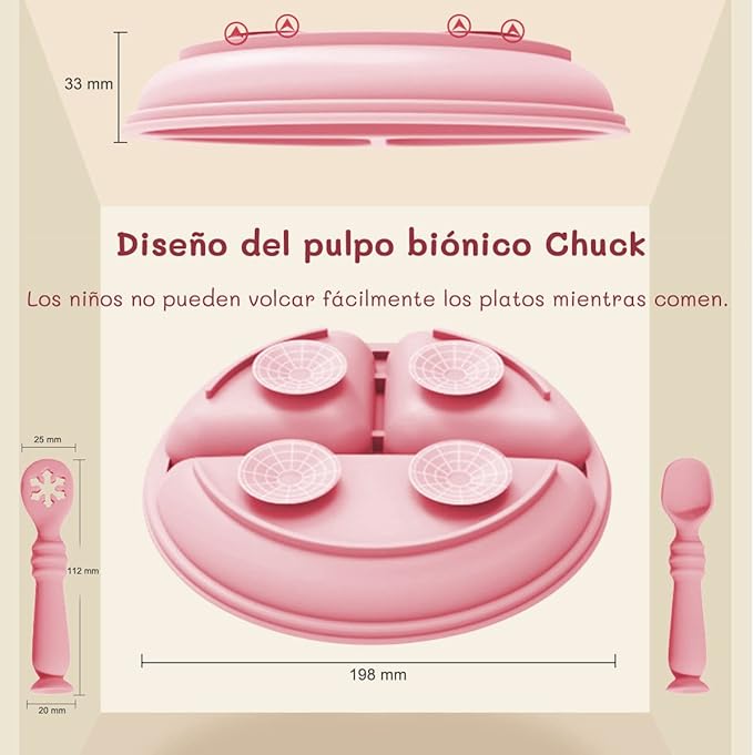 A Platos para Bebe, Plato Bebé de Silicona con Ventosa, Antideslizante, Fácil de Limpiar, Apto para Microondas, Sin BPA, Hay 2 Cucharas de Entrenamiento para Bebes. (Rosado).