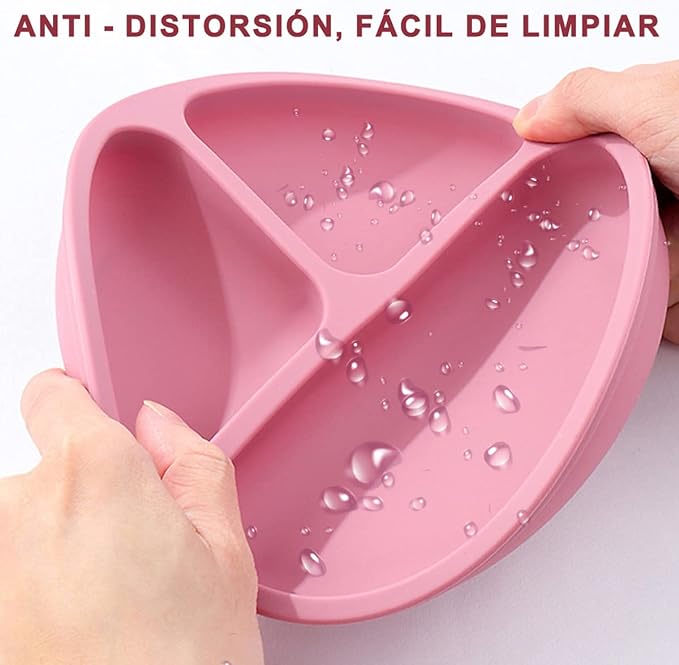 A Platos para Bebe, Plato Bebé de Silicona con Ventosa, Antideslizante, Fácil de Limpiar, Apto para Microondas, Sin BPA, Hay 2 Cucharas de Entrenamiento para Bebes. (Rosado).