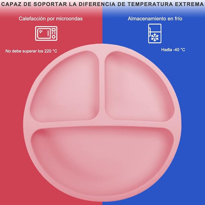 A Platos para Bebe, Plato Bebé de Silicona con Ventosa, Antideslizante, Fácil de Limpiar, Apto para Microondas, Sin BPA, Hay 2 Cucharas de Entrenamiento para Bebes. (Rosado).