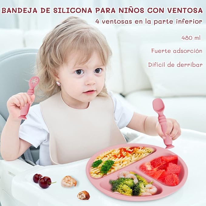 A Platos para Bebe, Plato Bebé de Silicona con Ventosa, Antideslizante, Fácil de Limpiar, Apto para Microondas, Sin BPA, Hay 2 Cucharas de Entrenamiento para Bebes. (Rosado).