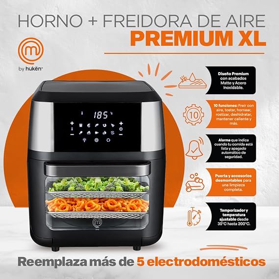 Hukën Masterchef | Freidora de Aire | Horno de Convección Multifunción, Rostizador, Deshidratador y 10 funciones más| Air Fryer Oven | 12 Litros | Pantalla Táctil | Accesorios Incluídos.