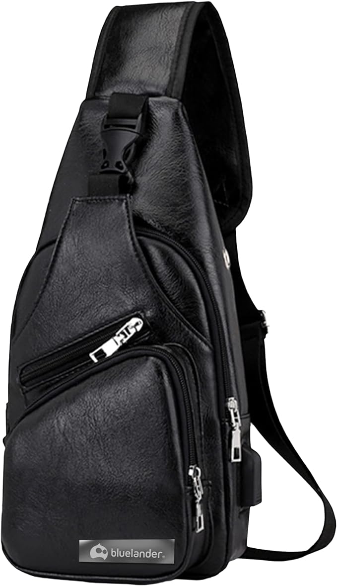 A Bluelander Mochila Cruzada Bolso de Pecho para Hombre Puerto USB para Power Bank, Cuero Sintético Impermeable Ligero y Seguro, Bandolera con Compartimentos para Tablets y Celular.