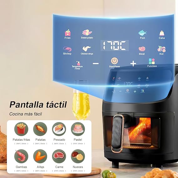 Freidora de aire, Sebami 8L Freidora Sin Aceite Freidora eléctrica inteligente Freidora de aire caliente Pantalla LED Táctil Ventana Transparente Freidora de Aire Caliente Sin BPA.